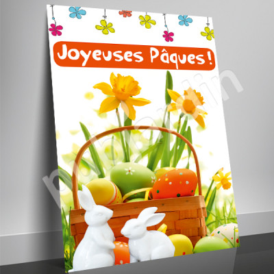 A38- Affiche “Joyeuses Pâques – Lapins” | Poster Pâques 60x80 & 80x120 cm – PLV fleuriste & jardinerie