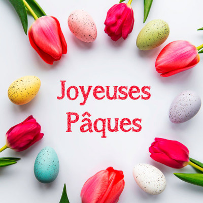 R22-ÉTIQUETTE ADHÉSIVE – «&nbsp;JOYEUSES PÂQUES&nbsp;» TULIPES