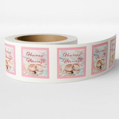 R28-Étiquette autocollante « Heureux Mariage » - Alliances sur fond fleuri